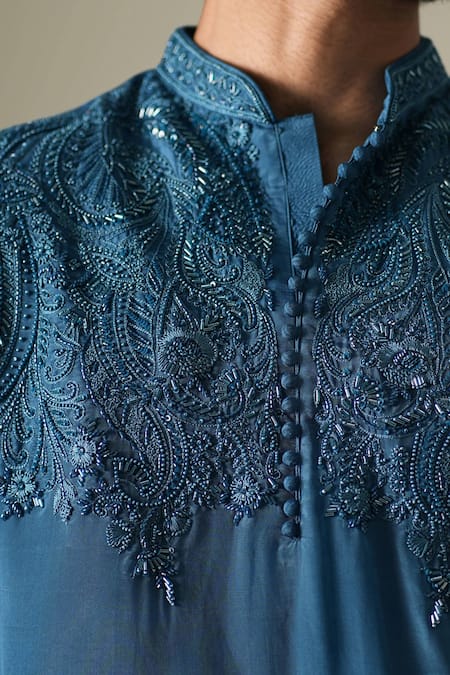 Darzi House_Blue Silk Embroidery, Sequins, Beads Indigo Starlit Kurta Set _at_Aza_Fashions
