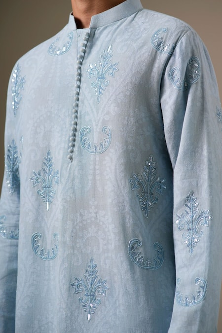 Shop_Darzi House_Blue Cotton Pearls, Sequins, Beads Azure Noor Kurta Set _Online_at_Aza_Fashions