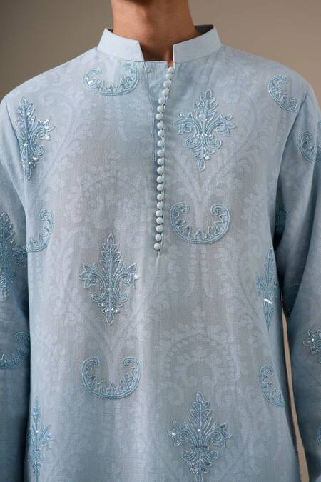 Darzi House_Blue Cotton Pearls, Sequins, Beads Azure Noor Kurta Set _at_Aza_Fashions