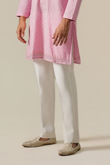 Darzi House_Pink Cotton, Jacquard Embroidery, Pearls Petal Court Kurta Set _Online_at_Aza_Fashions