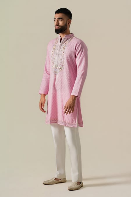Buy_Darzi House_Pink Cotton, Jacquard Embroidery, Pearls Petal Court Kurta Set _Online_at_Aza_Fashions