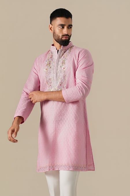 Shop_Darzi House_Pink Cotton, Jacquard Embroidery, Pearls Petal Court Kurta Set _Online_at_Aza_Fashions