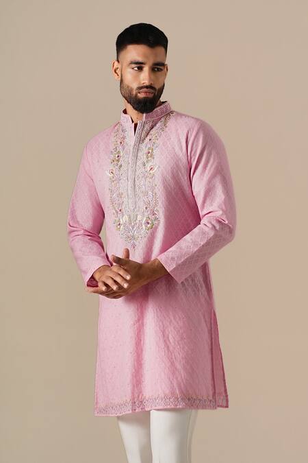Darzi House_Pink Cotton, Jacquard Embroidery, Pearls Petal Court Kurta Set _at_Aza_Fashions
