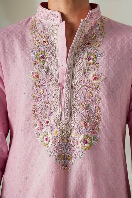 Buy_Darzi House_Pink Cotton, Jacquard Embroidery, Pearls Petal Court Kurta Set 