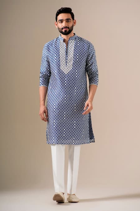 Darzi House Indigo Mosaic Print Mirrorwork Kurta Set 