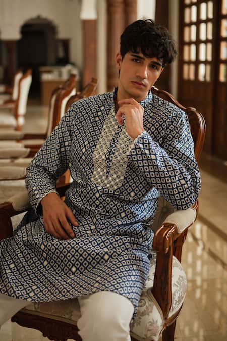 Buy_Darzi House_Blue Chanderi Cotton Mirrors, Beads Indigo Mosaic Print Mirrorwork Kurta Set _Online_at_Aza_Fashions