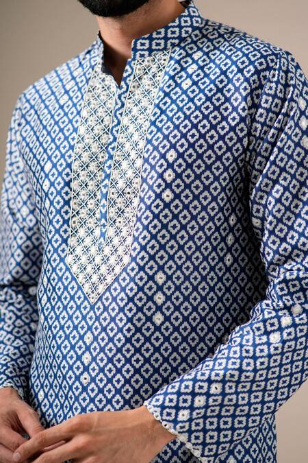 Shop_Darzi House_Blue Chanderi Cotton Mirrors, Beads Indigo Mosaic Print Mirrorwork Kurta Set _Online_at_Aza_Fashions