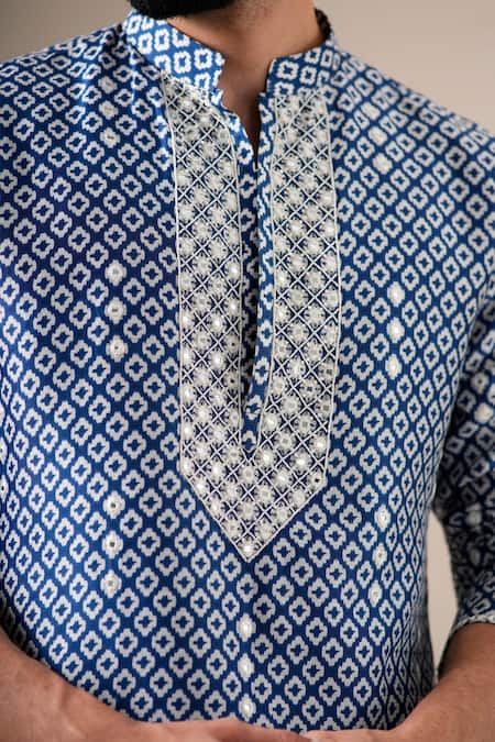 Buy_Darzi House_Blue Chanderi Cotton Mirrors, Beads Indigo Mosaic Print Mirrorwork Kurta Set 