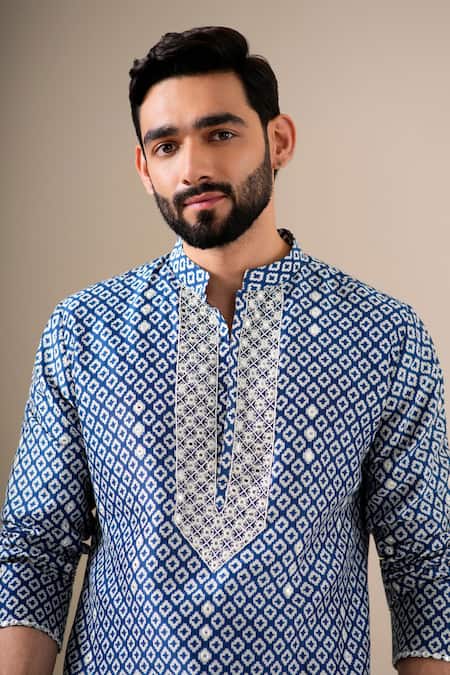 Shop_Darzi House_Blue Chanderi Cotton Mirrors, Beads Indigo Mosaic Print Mirrorwork Kurta Set 