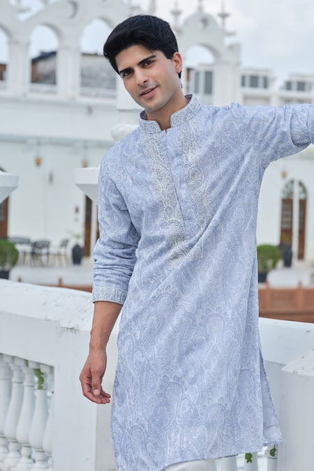 Shop_Darzi House_Blue Georgette Pearls, Sequins, Beads Mist Printed Kurta Set _Online_at_Aza_Fashions