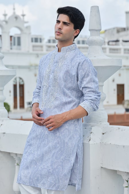 Darzi House_Blue Georgette Pearls, Sequins, Beads Mist Printed Kurta Set _at_Aza_Fashions