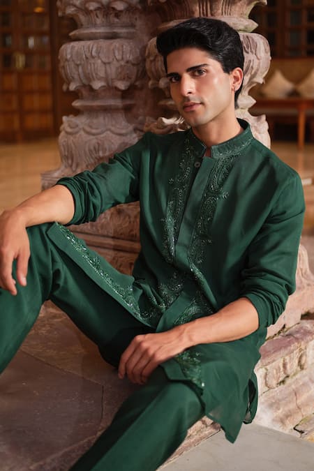 Shop_Darzi House_Green Georgette Embroidery, Beads, Crystals Jade Regal Kurta Set 