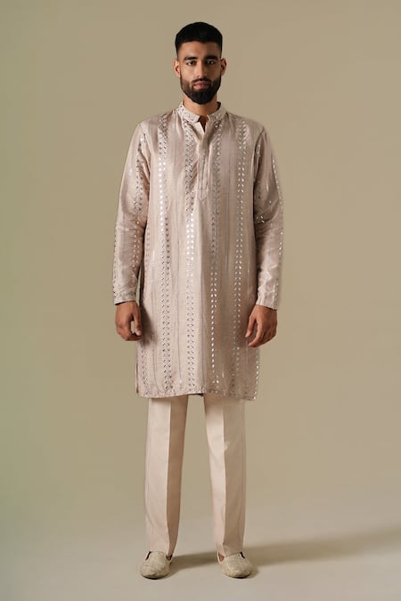 Darzi House_Beige Silk Sequins Starlit Embellished Kurta Set _Online_at_Aza_Fashions