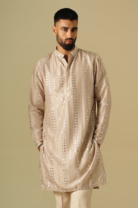 Buy_Darzi House_Beige Silk Sequins Starlit Embellished Kurta Set _Online_at_Aza_Fashions