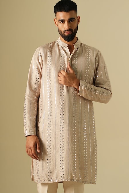 Darzi House_Beige Silk Sequins Starlit Embellished Kurta Set _at_Aza_Fashions