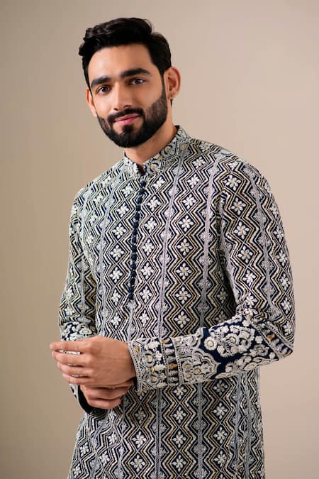 Darzi House Blue Georgette Sequins, Embroidery Midnight Motif Kurta Patiyala Set Online at Aza Fashions Darzi House_Blue Georgette Sequins, Embroidery Midnight Motif Kurta Patiyala Set _Online_at_Aza_Fashions