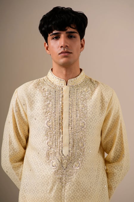 Darzi House Beige Cotton, Jacquard Embroidery, Mirrors, Zari Amber Mukaish Kurta Set Online at Aza Fashions Darzi House_Beige Cotton, Jacquard Embroidery, Mirrors, Zari Amber Mukaish Kurta Set _Online_at_Aza_Fashions
