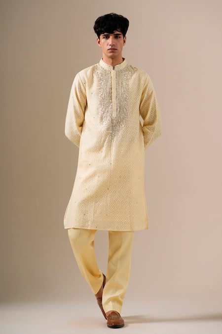 Shop Darzi House Beige Cotton, Jacquard Embroidery, Mirrors, Zari Amber Mukaish Kurta Set Online at Aza Fashions Shop_Darzi House_Beige Cotton, Jacquard Embroidery, Mirrors, Zari Amber Mukaish Kurta Set _Online_at_Aza_Fashions