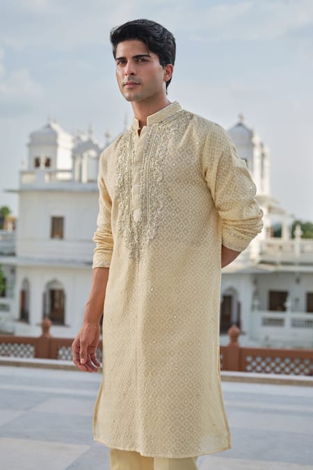 Buy Darzi House Beige Cotton, Jacquard Embroidery, Mirrors, Zari Amber Mukaish Kurta Set Buy_Darzi House_Beige Cotton, Jacquard Embroidery, Mirrors, Zari Amber Mukaish Kurta Set