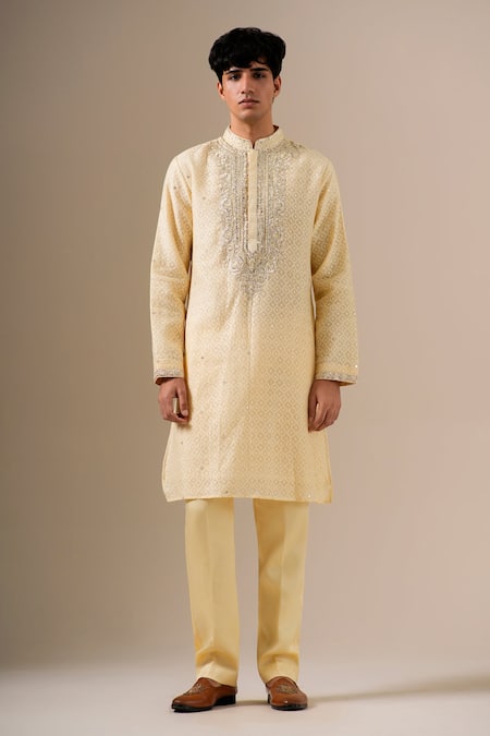 Shop Darzi House Beige Cotton, Jacquard Embroidery, Mirrors, Zari Amber Mukaish Kurta Set Shop_Darzi House_Beige Cotton, Jacquard Embroidery, Mirrors, Zari Amber Mukaish Kurta Set