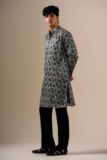 Darzi House Charcoal Bloom Floral Motif Kurta Set 