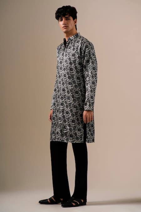 Darzi House Black Tussar Beads Charcoal Bloom Floral Motif Kurta Set Online at Aza Fashions Darzi House_Black Tussar Beads Charcoal Bloom Floral Motif Kurta Set _Online_at_Aza_Fashions