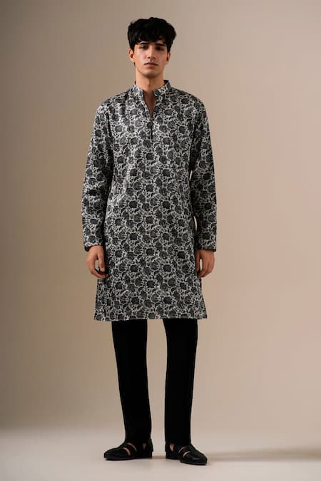 Darzi House Charcoal Bloom Floral Motif Kurta Set 