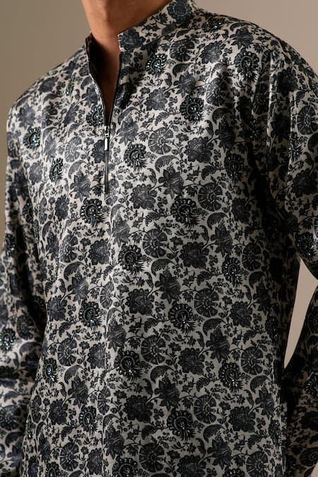 Shop Darzi House Black Tussar Beads Charcoal Bloom Floral Motif Kurta Set Online at Aza Fashions Shop_Darzi House_Black Tussar Beads Charcoal Bloom Floral Motif Kurta Set _Online_at_Aza_Fashions
