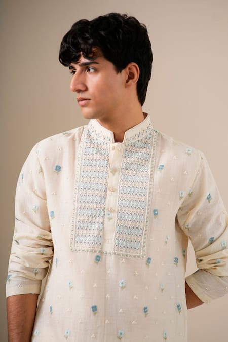 Shop Darzi House Off White Cotton, Chanderi Embroidery, Beads Sky Petal Kurta Set Online at Aza Fashions Shop_Darzi House_Off White Cotton, Chanderi Embroidery, Beads Sky Petal Kurta Set _Online_at_Aza_Fashions