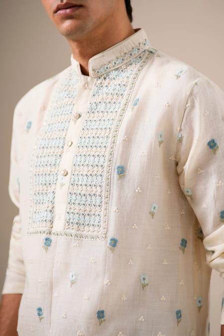 Darzi House Off White Cotton, Chanderi Embroidery, Beads Sky Petal Kurta Set at Aza Fashions Darzi House_Off White Cotton, Chanderi Embroidery, Beads Sky Petal Kurta Set _at_Aza_Fashions