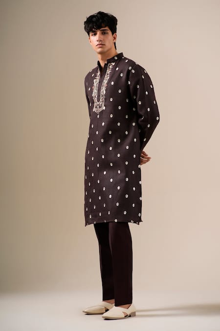 Darzi House Chocolate Cotton, Linen Embroidery Cacao Majesty Kurta Set Online at Aza Fashions Darzi House_Chocolate Cotton, Linen Embroidery Cacao Majesty Kurta Set _Online_at_Aza_Fashions