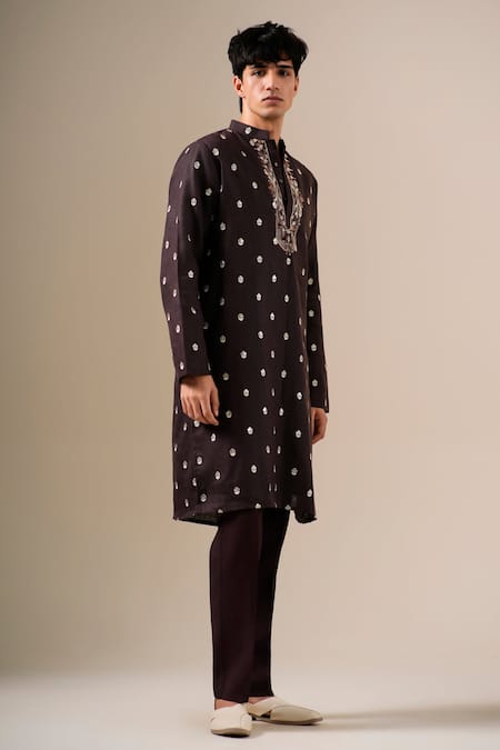Buy Darzi House Chocolate Cotton, Linen Embroidery Cacao Majesty Kurta Set Online at Aza Fashions Buy_Darzi House_Chocolate Cotton, Linen Embroidery Cacao Majesty Kurta Set _Online_at_Aza_Fashions