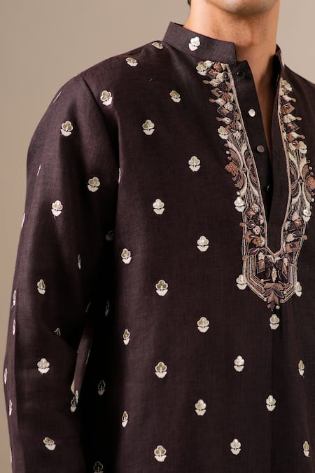 Buy Darzi House Chocolate Cotton, Linen Embroidery Cacao Majesty Kurta Set Buy_Darzi House_Chocolate Cotton, Linen Embroidery Cacao Majesty Kurta Set