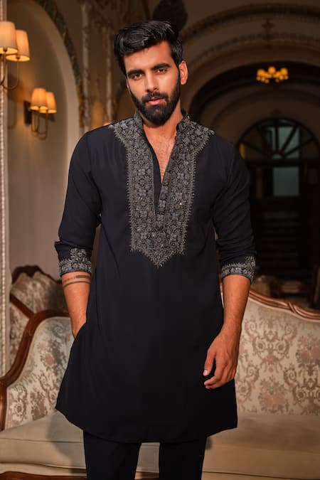 Darzi House Navy Crepe Embroidery, Beads, Metallic Thread Imperial Noir Kurta Set at Aza Fashions Darzi House_Navy Crepe Embroidery, Beads, Metallic Thread Imperial Noir Kurta Set _at_Aza_Fashions