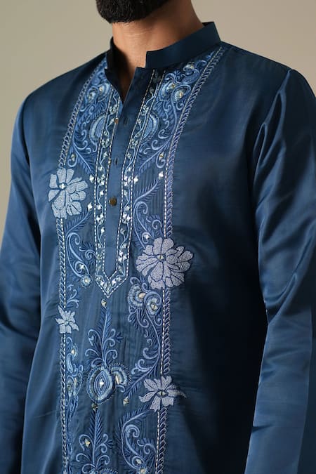 Darzi House Blue Silk Embroidery, Mirrors Dahlia Floral Threadwork Kurta Set Online at Aza Fashions Darzi House_Blue Silk Embroidery, Mirrors Dahlia Floral Threadwork Kurta Set _Online_at_Aza_Fashions
