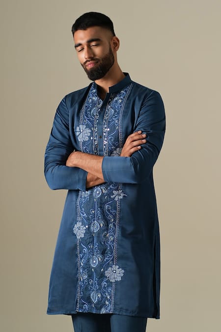 Shop Darzi House Blue Silk Embroidery, Mirrors Dahlia Floral Threadwork Kurta Set Online at Aza Fashions Shop_Darzi House_Blue Silk Embroidery, Mirrors Dahlia Floral Threadwork Kurta Set _Online_at_Aza_Fashions