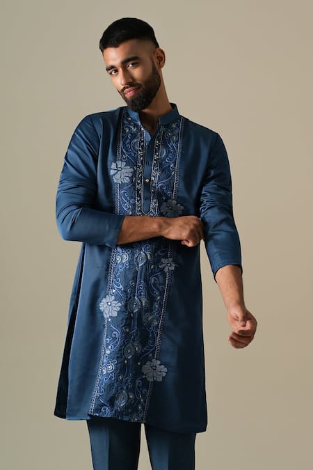 Darzi House Blue Silk Embroidery, Mirrors Dahlia Floral Threadwork Kurta Set at Aza Fashions Darzi House_Blue Silk Embroidery, Mirrors Dahlia Floral Threadwork Kurta Set _at_Aza_Fashions