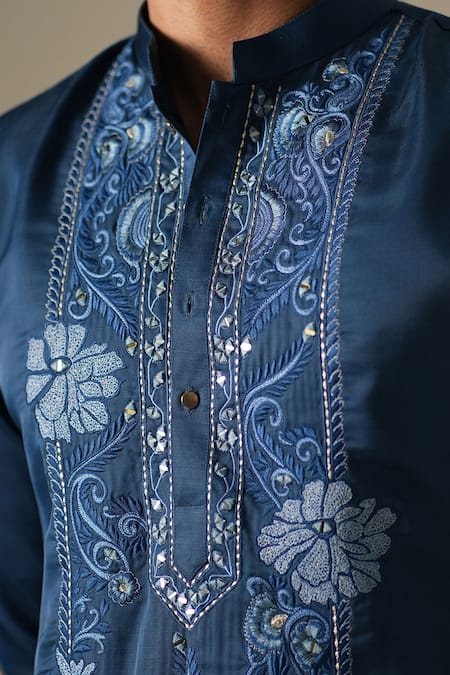 Buy Darzi House Blue Silk Embroidery, Mirrors Dahlia Floral Threadwork Kurta Set Buy_Darzi House_Blue Silk Embroidery, Mirrors Dahlia Floral Threadwork Kurta Set