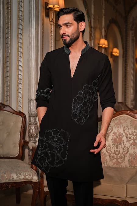 Shop Darzi House Black Crepe Beads, Stones, Embroidery Mirage Hand Embellished Kurta Set Shop_Darzi House_Black Crepe Beads, Stones, Embroidery Mirage Hand Embellished Kurta Set