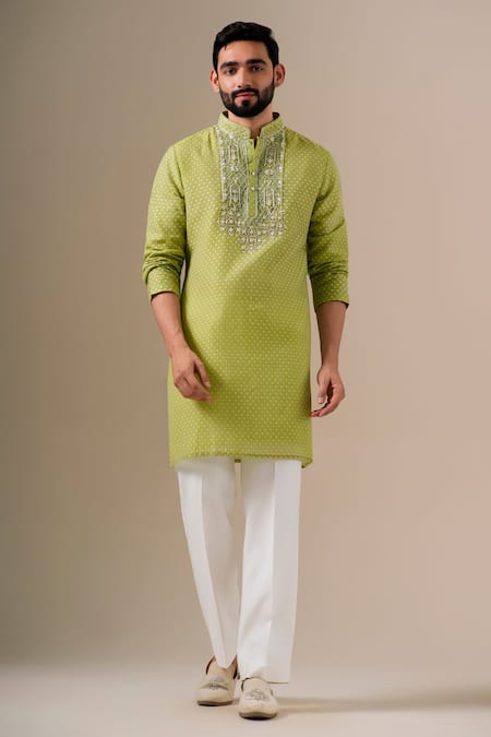 Buy Darzi House Green Cotton, Jacquard Embroidery, Beads, Zari Placket And Printed Kurta Set Online at Aza Fashions Buy_Darzi House_Green Cotton, Jacquard Embroidery, Beads, Zari Placket And Printed Kurta Set _Online_at_Aza_Fashions
