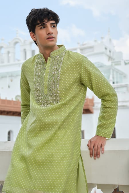 Darzi House Green Cotton, Jacquard Embroidery, Beads, Zari Placket And Printed Kurta Set at Aza Fashions Darzi House_Green Cotton, Jacquard Embroidery, Beads, Zari Placket And Printed Kurta Set _at_Aza_Fashions