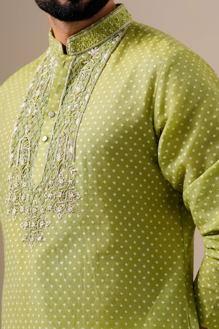Buy Darzi House Green Cotton, Jacquard Embroidery, Beads, Zari Placket And Printed Kurta Set Buy_Darzi House_Green Cotton, Jacquard Embroidery, Beads, Zari Placket And Printed Kurta Set
