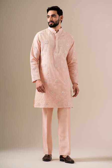 Darzi House Peach Cotton, Jacquard Embroidery, Beads, Pearls Nirvana Lotus Kurta Set Online at Aza Fashions Darzi House_Peach Cotton, Jacquard Embroidery, Beads, Pearls Nirvana Lotus Kurta Set _Online_at_Aza_Fashions