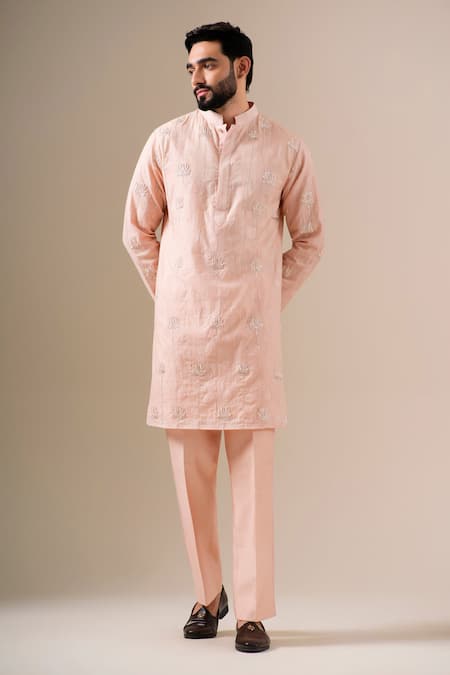 Buy Darzi House Peach Cotton, Jacquard Embroidery, Beads, Pearls Nirvana Lotus Kurta Set Online at Aza Fashions Buy_Darzi House_Peach Cotton, Jacquard Embroidery, Beads, Pearls Nirvana Lotus Kurta Set _Online_at_Aza_Fashions