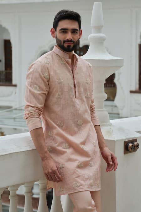 Shop Darzi House Peach Cotton, Jacquard Embroidery, Beads, Pearls Nirvana Lotus Kurta Set Online at Aza Fashions Shop_Darzi House_Peach Cotton, Jacquard Embroidery, Beads, Pearls Nirvana Lotus Kurta Set _Online_at_Aza_Fashions