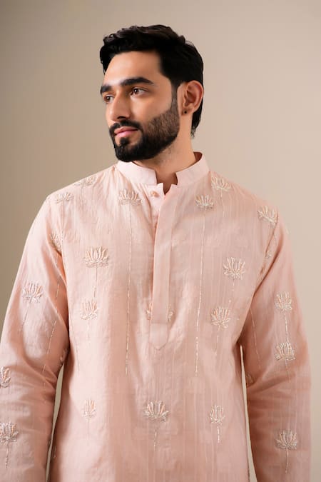 Darzi House Peach Cotton, Jacquard Embroidery, Beads, Pearls Nirvana Lotus Kurta Set at Aza Fashions Darzi House_Peach Cotton, Jacquard Embroidery, Beads, Pearls Nirvana Lotus Kurta Set _at_Aza_Fashions