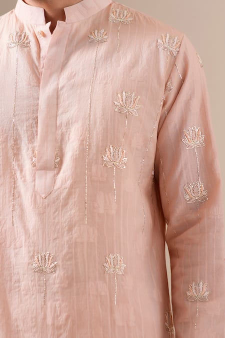 Buy Darzi House Peach Cotton, Jacquard Embroidery, Beads, Pearls Nirvana Lotus Kurta Set Buy_Darzi House_Peach Cotton, Jacquard Embroidery, Beads, Pearls Nirvana Lotus Kurta Set