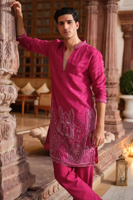 Buy Darzi House Pink Silk Sequins, Beads, Crystals, Embroidery Ornate Kurta Set Online at Aza Fashions Buy_Darzi House_Pink Silk Sequins, Beads, Crystals, Embroidery Ornate Kurta Set _Online_at_Aza_Fashions