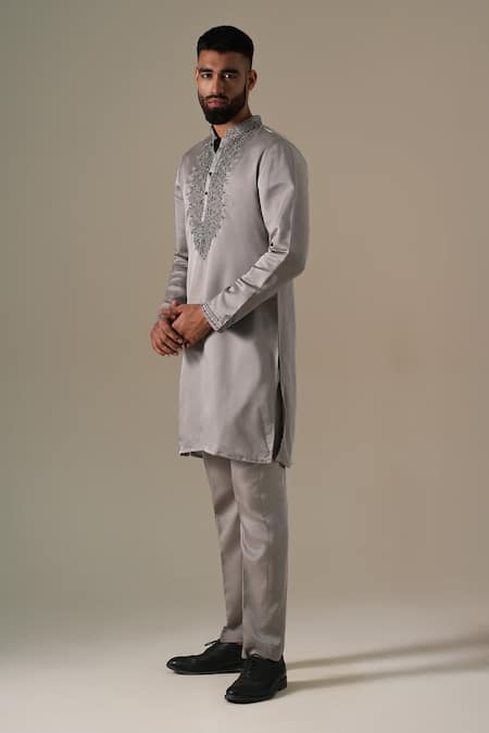 Darzi House Gray Silk Embroidery, Beads, Metallic Thread Steel Grey Opulence Kurta Set Online at Aza Fashions Darzi House_Gray Silk Embroidery, Beads, Metallic Thread Steel Grey Opulence Kurta Set _Online_at_Aza_Fashions