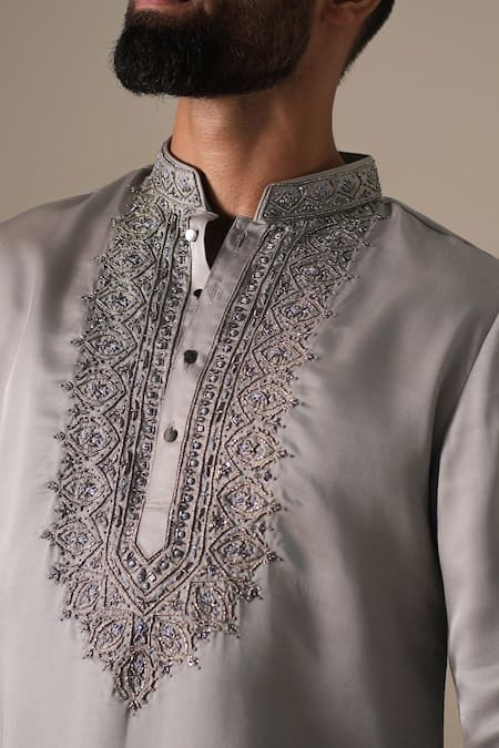 Shop Darzi House Gray Silk Embroidery, Beads, Metallic Thread Steel Grey Opulence Kurta Set Online at Aza Fashions Shop_Darzi House_Gray Silk Embroidery, Beads, Metallic Thread Steel Grey Opulence Kurta Set _Online_at_Aza_Fashions